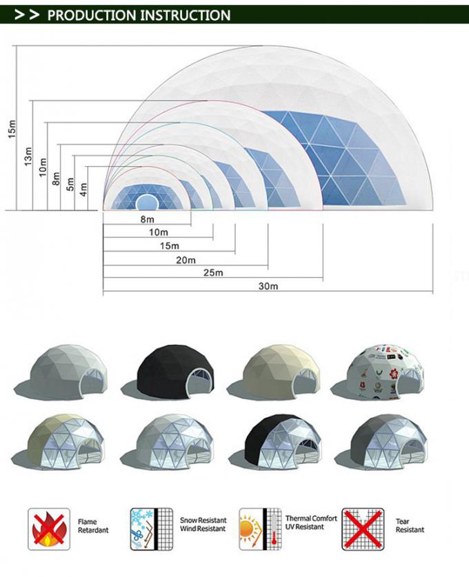 Diamètre gonflable résistant 4-60m de tente de cadre en acier de tente de dôme géodésique de larme blanche